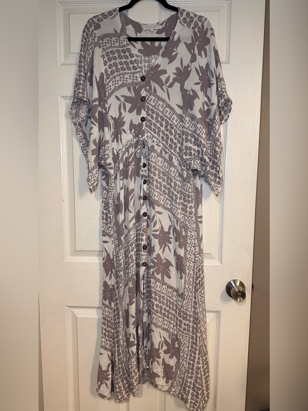 Anthropologie Olivaceous Taupe Floral & Ivory Button-Front Maxi Dress